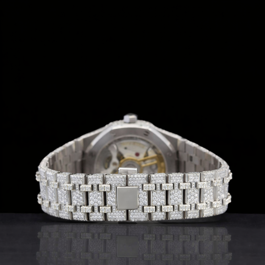 Fully Bust Down Silver Black Stick Markers Moissanite Diamond Watch AP Inspired