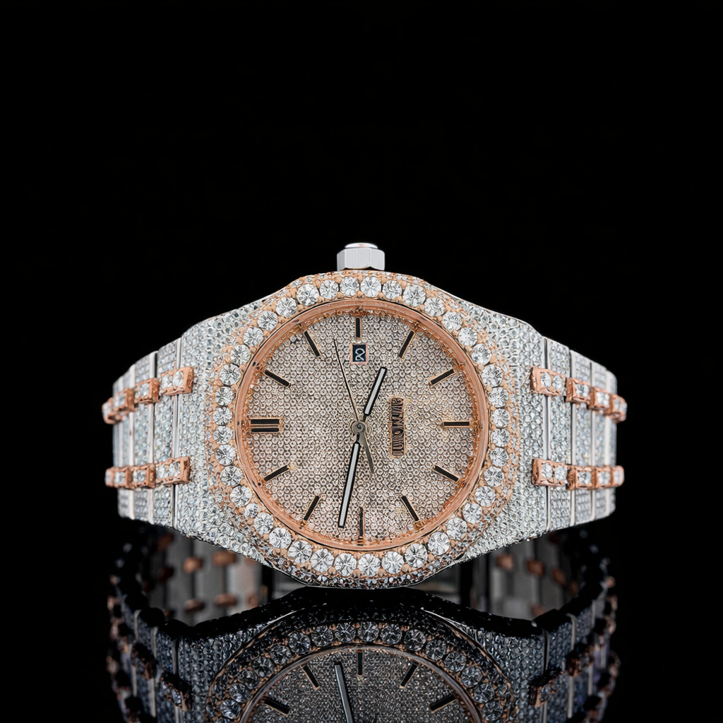 Iced Out Two Tone Rose Gold Moissanite Diamond Watch AP Inspired
