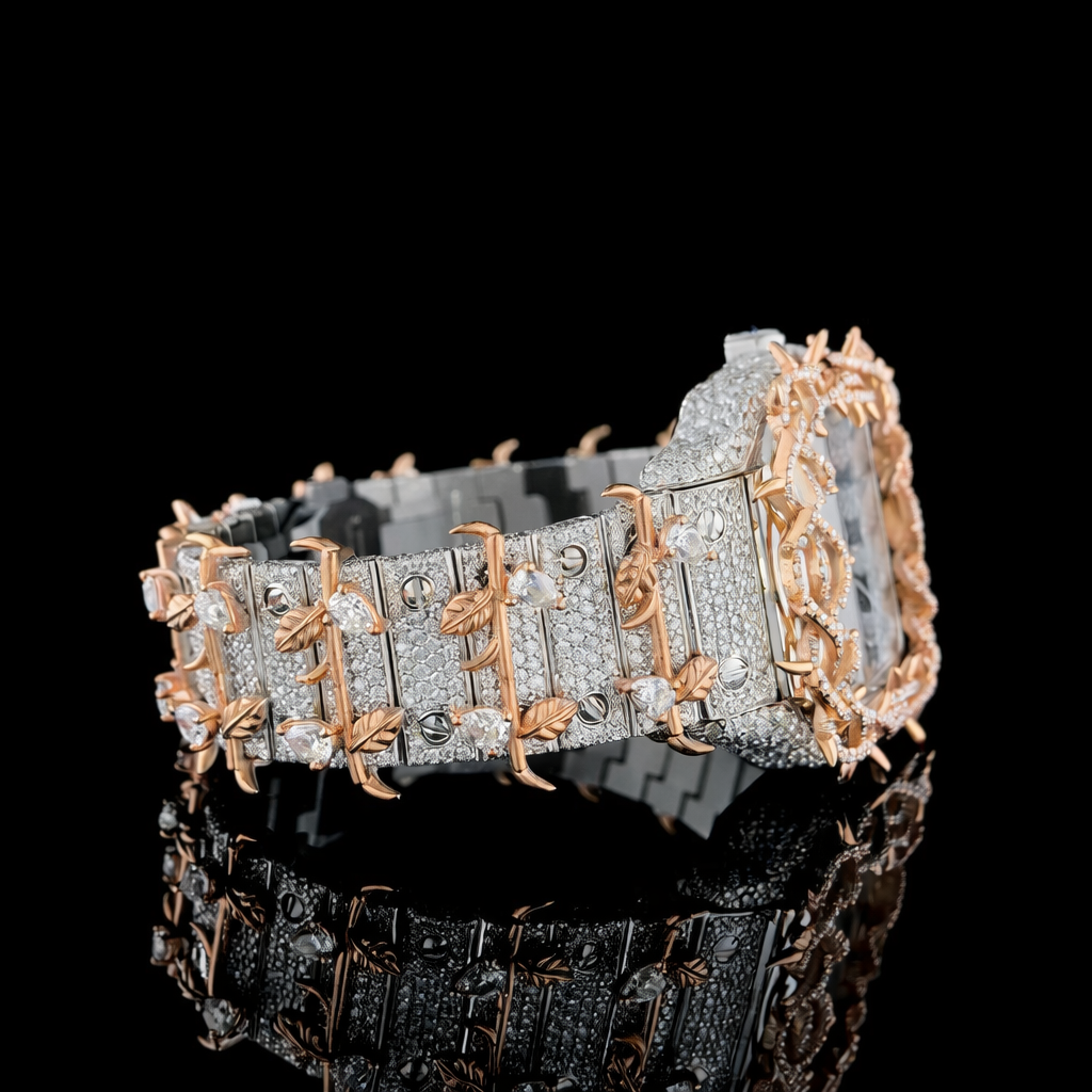 Thorn Bezel Roman Dial Two Tone Rose Gold Santos Style Moissanite Watch Carti Inspired