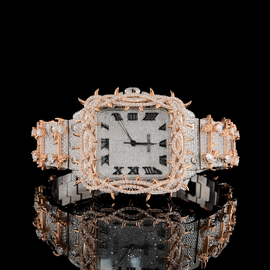 Thorn Bezel Roman Dial Two Tone Rose Gold Santos Style Moissanite Watch Carti Inspired