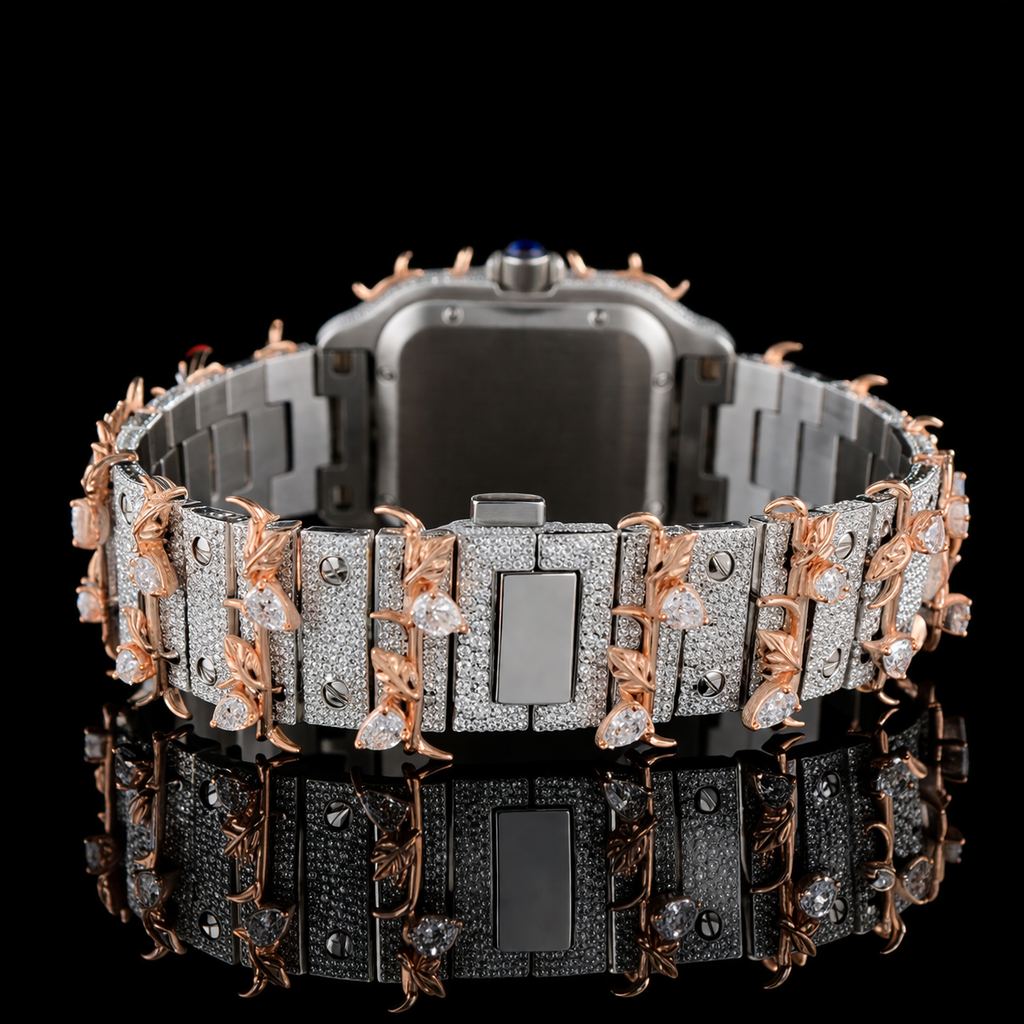 Thorn Bezel Roman Dial Two Tone Rose Gold Santos Style Moissanite Watch Carti Inspired