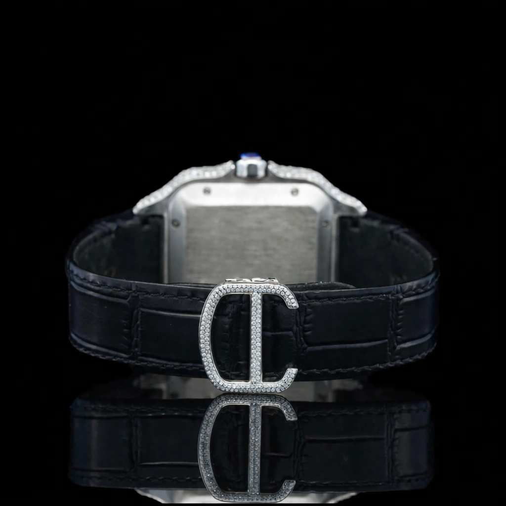 Roman Numerals Black Dial Black Leather Strap Moissanite Diamond Watch Carti Inspired