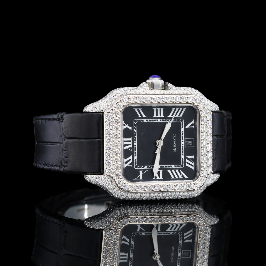 Roman Numerals Black Dial Black Leather Strap Moissanite Diamond Watch Carti Inspired
