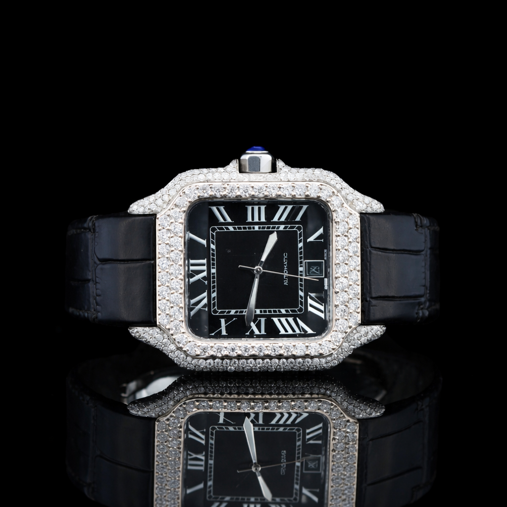 Roman Numerals Black Dial Black Leather Strap Moissanite Diamond Watch Carti Inspired