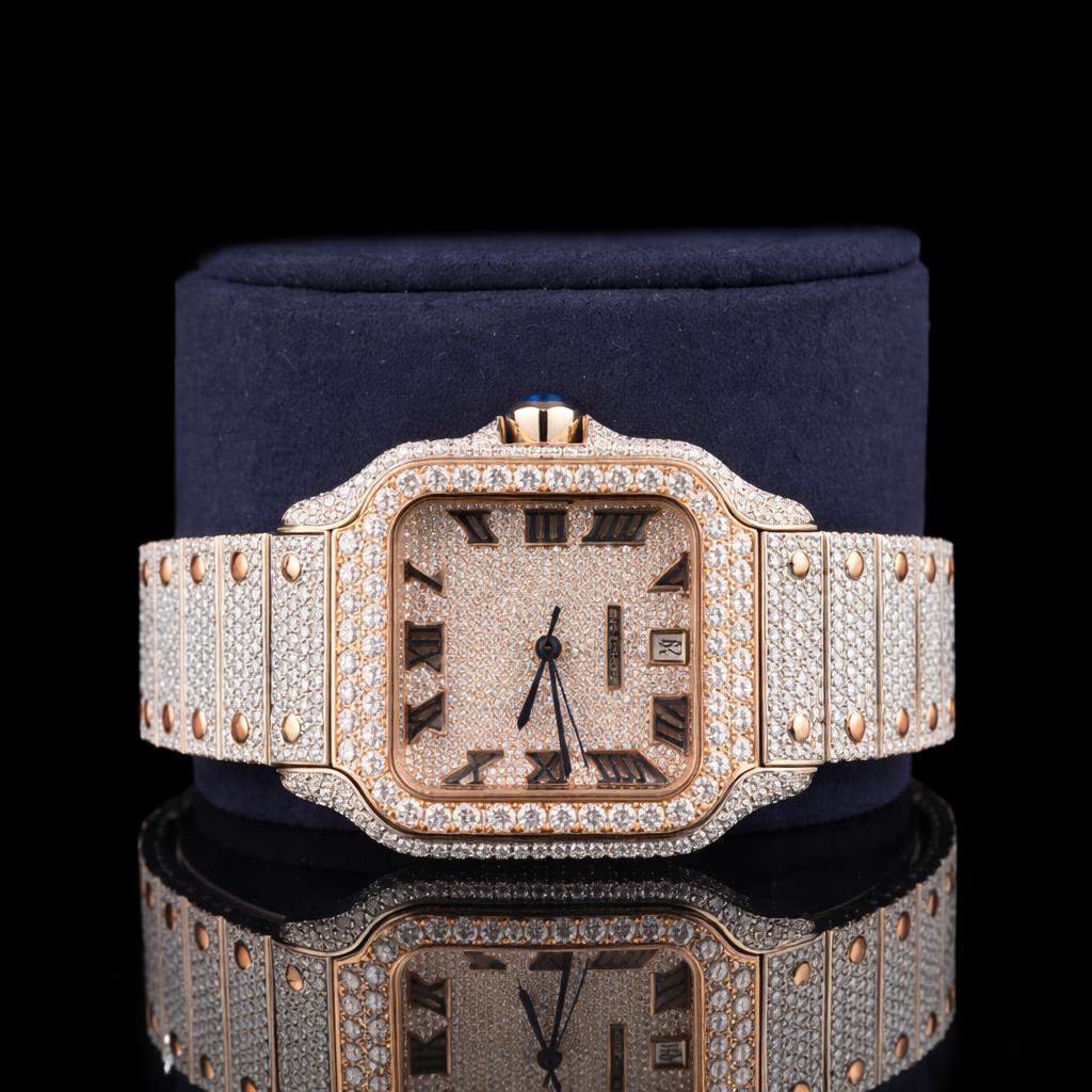 Rose Gold Dial Roman Numerals Santos Style Iced Out Moissanite Diamond Watch Carti Inspired