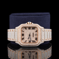Rose Gold Dial Roman Numerals Santos Style Iced Out Moissanite Diamond Watch Carti Inspired