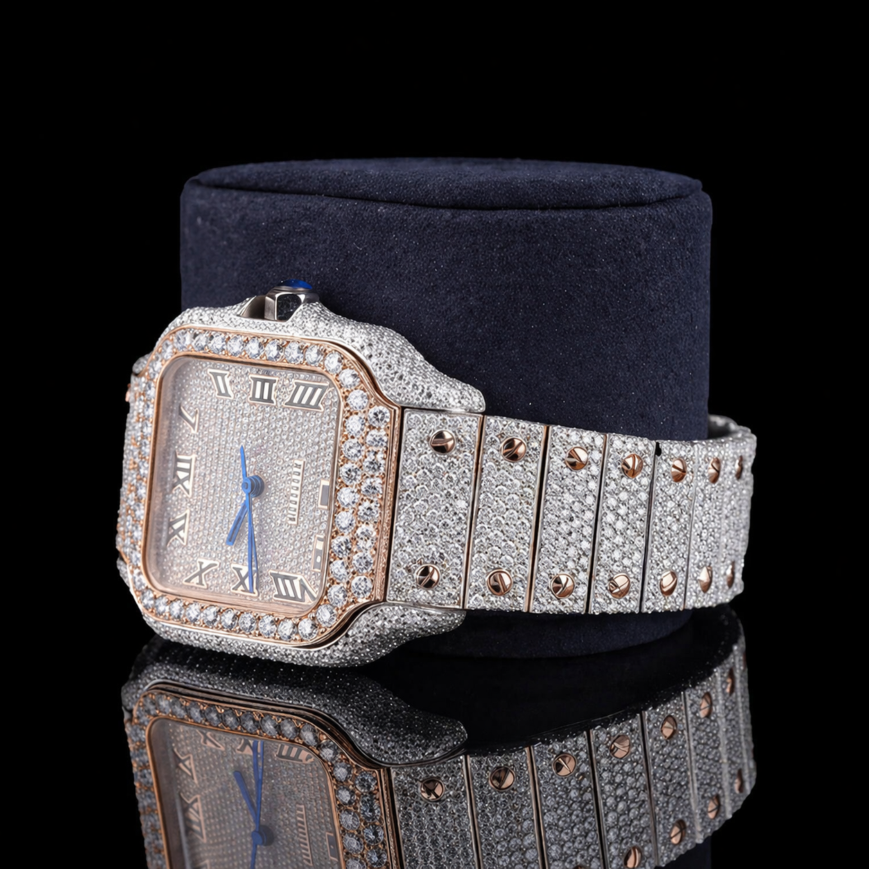 Rose Gold Dial Roman Numerals Santos Style Iced Out Moissanite Diamond Watch Carti Inspired