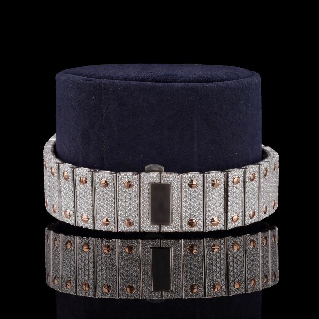 Rose Gold Dial Roman Numerals Santos Style Iced Out Moissanite Diamond Watch Carti Inspired