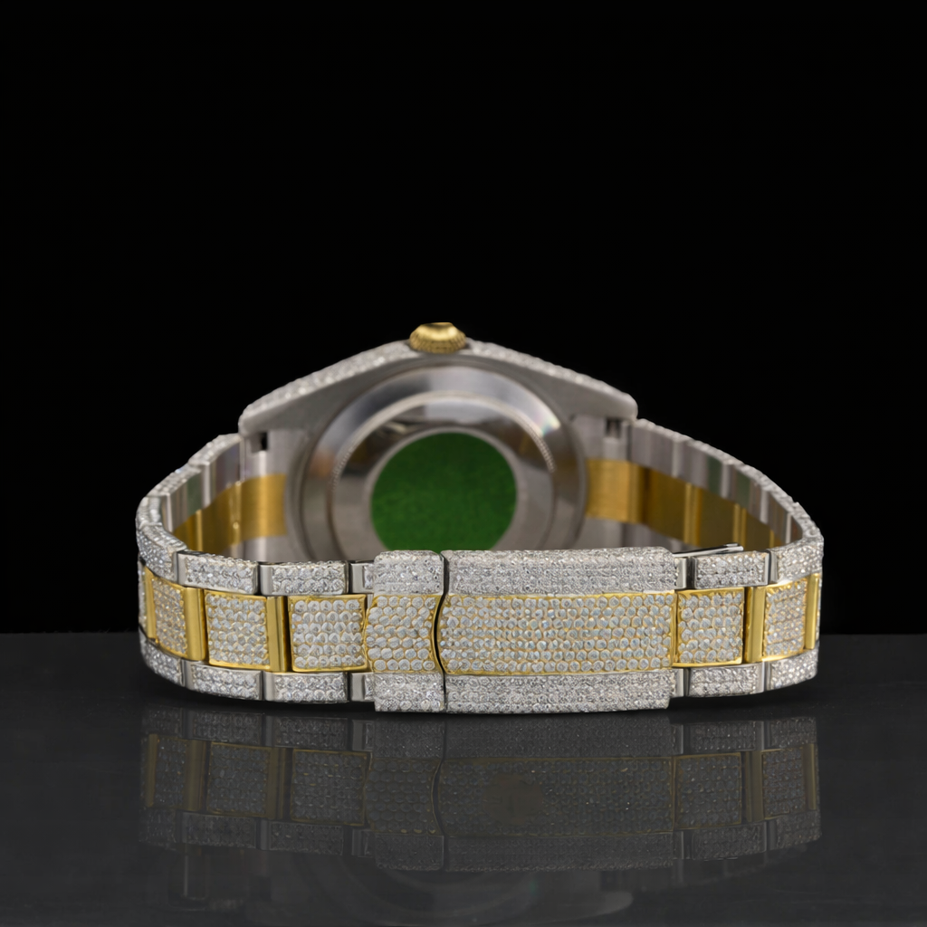 Diamond Bezel Yellow Gold Stick Markers Dial Two Tone Moissanite Watch Rollie Inspired