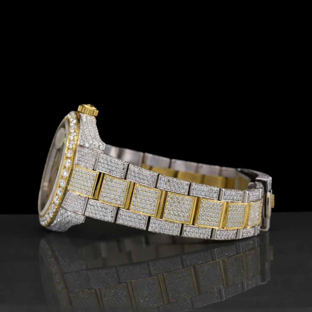Diamond Bezel Yellow Gold Stick Markers Dial Two Tone Moissanite Watch Rollie Inspired