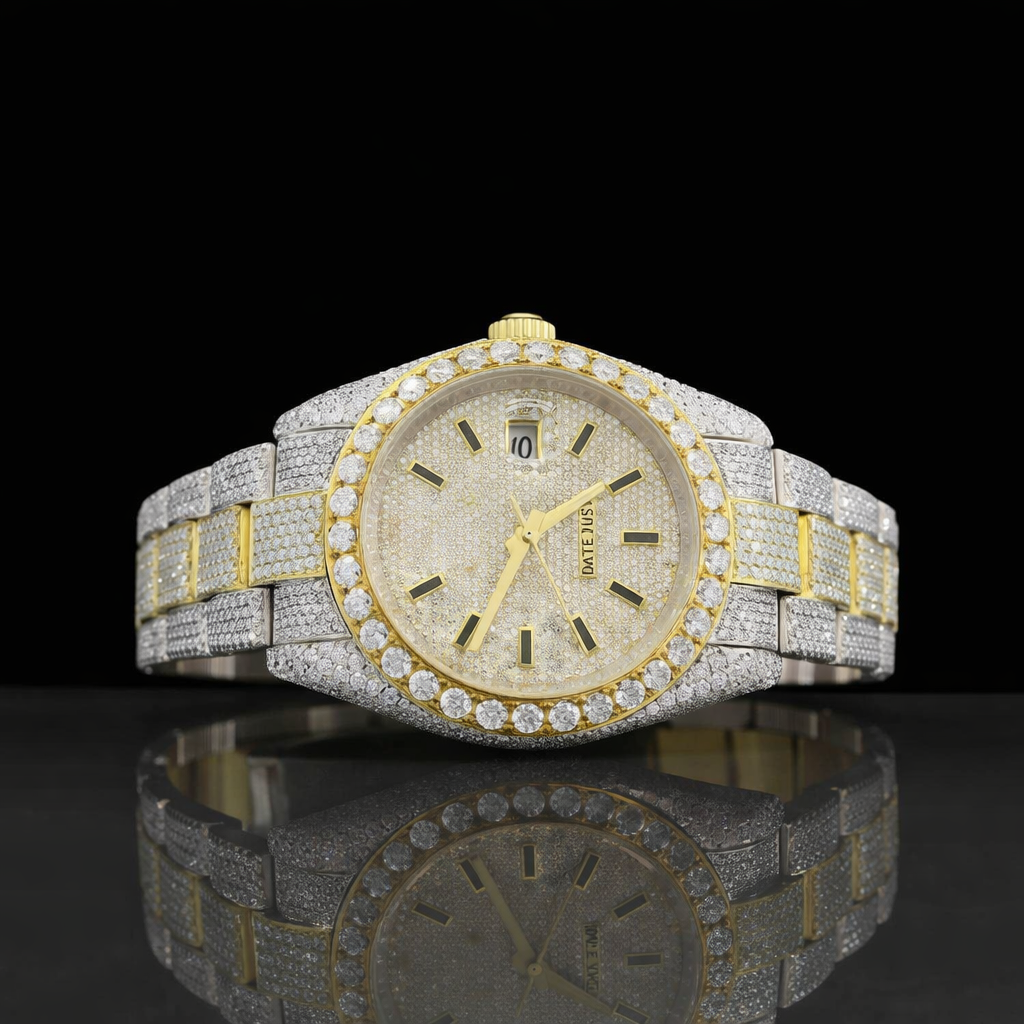 Diamond Bezel Yellow Gold Stick Markers Dial Two Tone Moissanite Watch Rollie Inspired