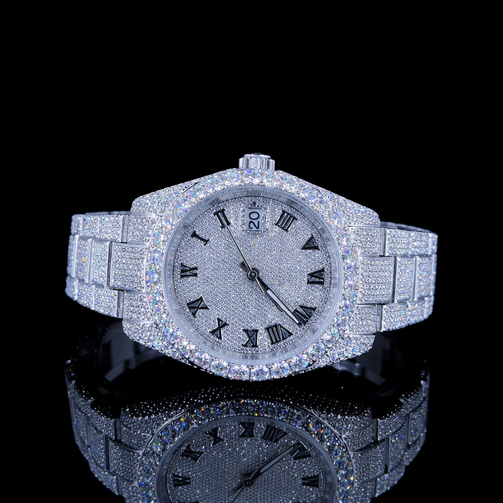 Fully Iced Out White Dial Roman Black Numerals Moissanite Watch Rollie Inspired