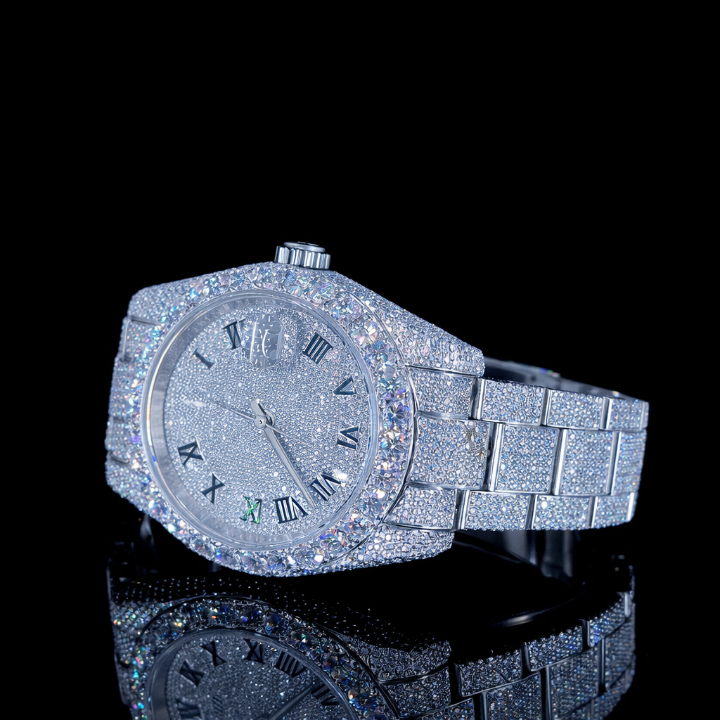 Fully Iced Out White Dial Roman Black Numerals Moissanite Watch Rollie Inspired