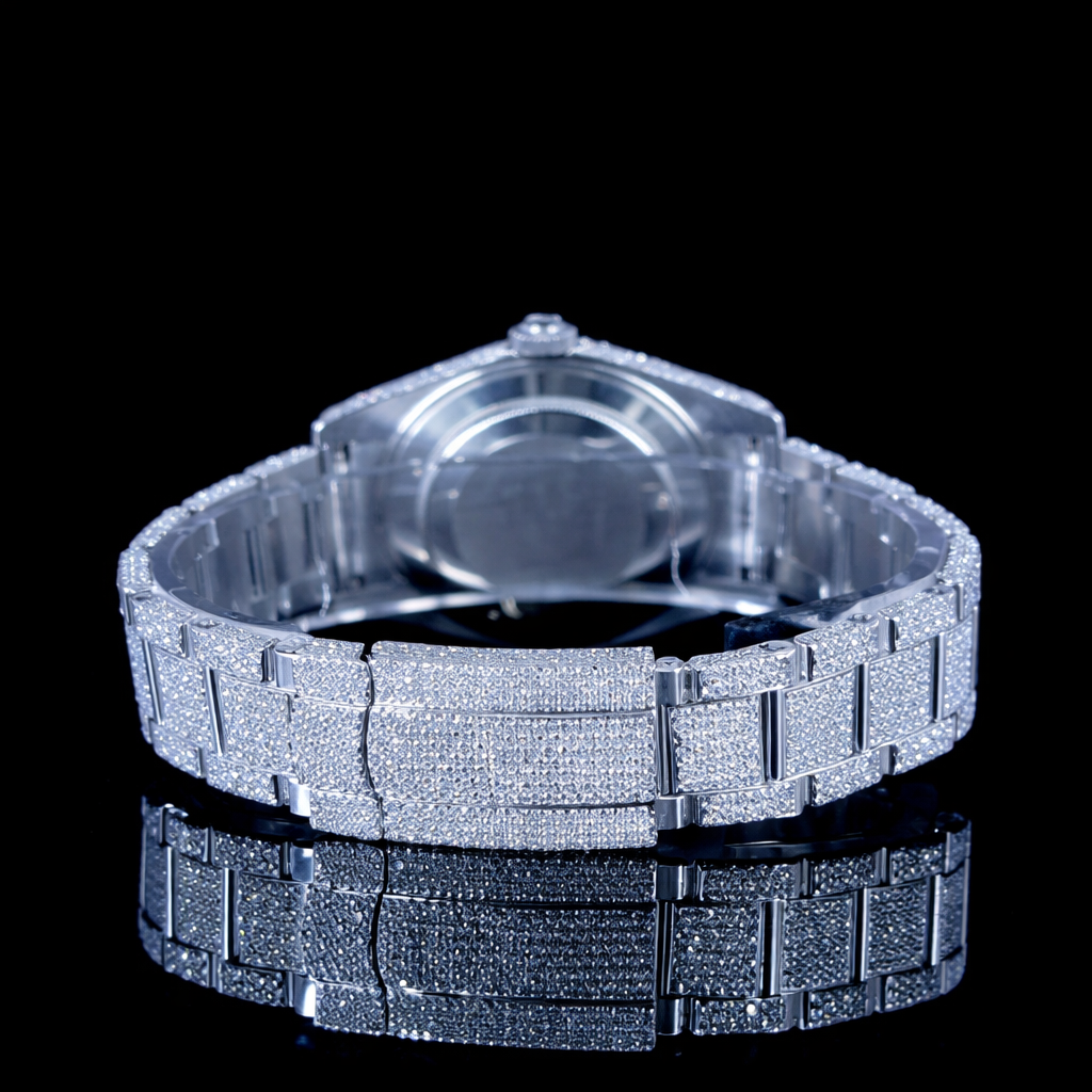 Fully Iced Out White Dial Roman Black Numerals Moissanite Watch Rollie Inspired