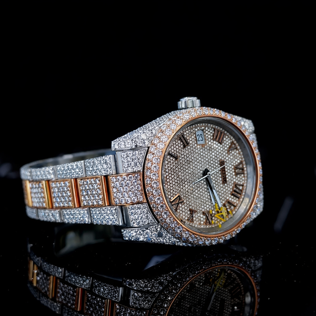 Roman Numerals Rose Gold Dial Two Tone Iced Out Moissanite Watch Rollie Inspired