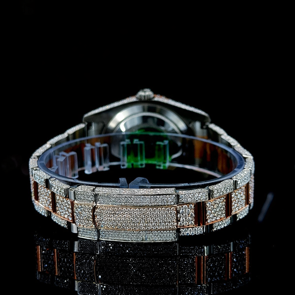 Roman Numerals Rose Gold Dial Two Tone Iced Out Moissanite Watch Rollie Inspired