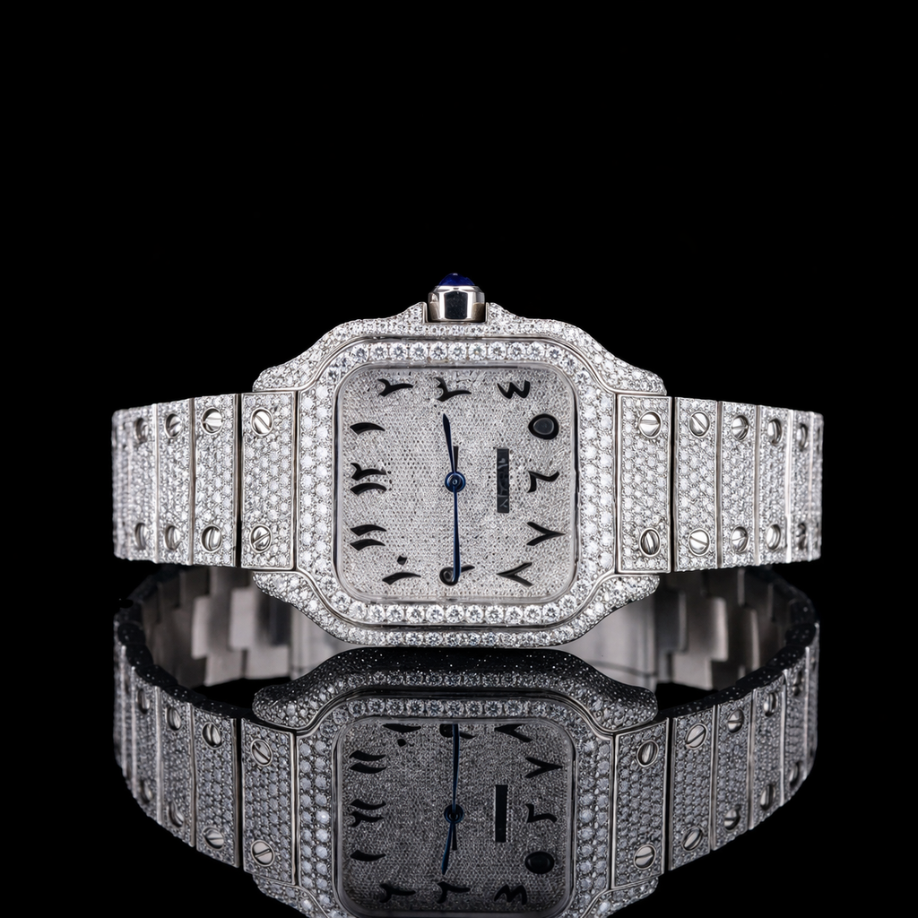 Black Arabic Numerals Bust Down White Dial Santos Style Moissanite Diamond Watch Carti Inspired