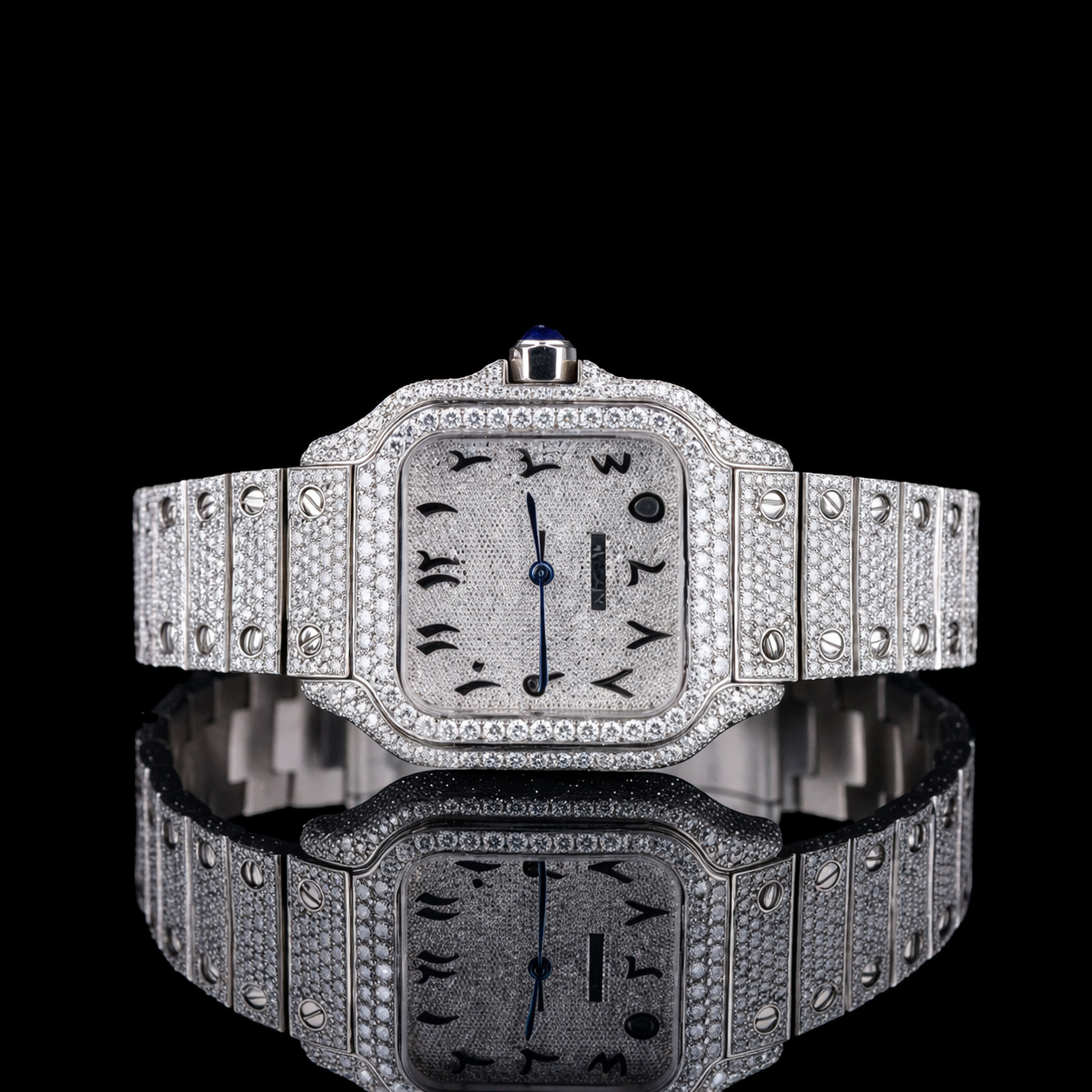 Black Arabic Numerals Bust Down White Dial Santos Style Moissanite Diamond Watch Carti Inspired