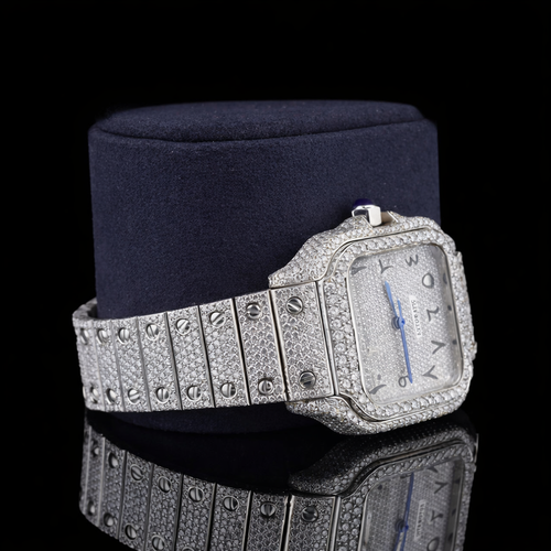 Black Arabic Numerals Bust Down White Dial Santos Style Moissanite Diamond Watch Carti Inspired