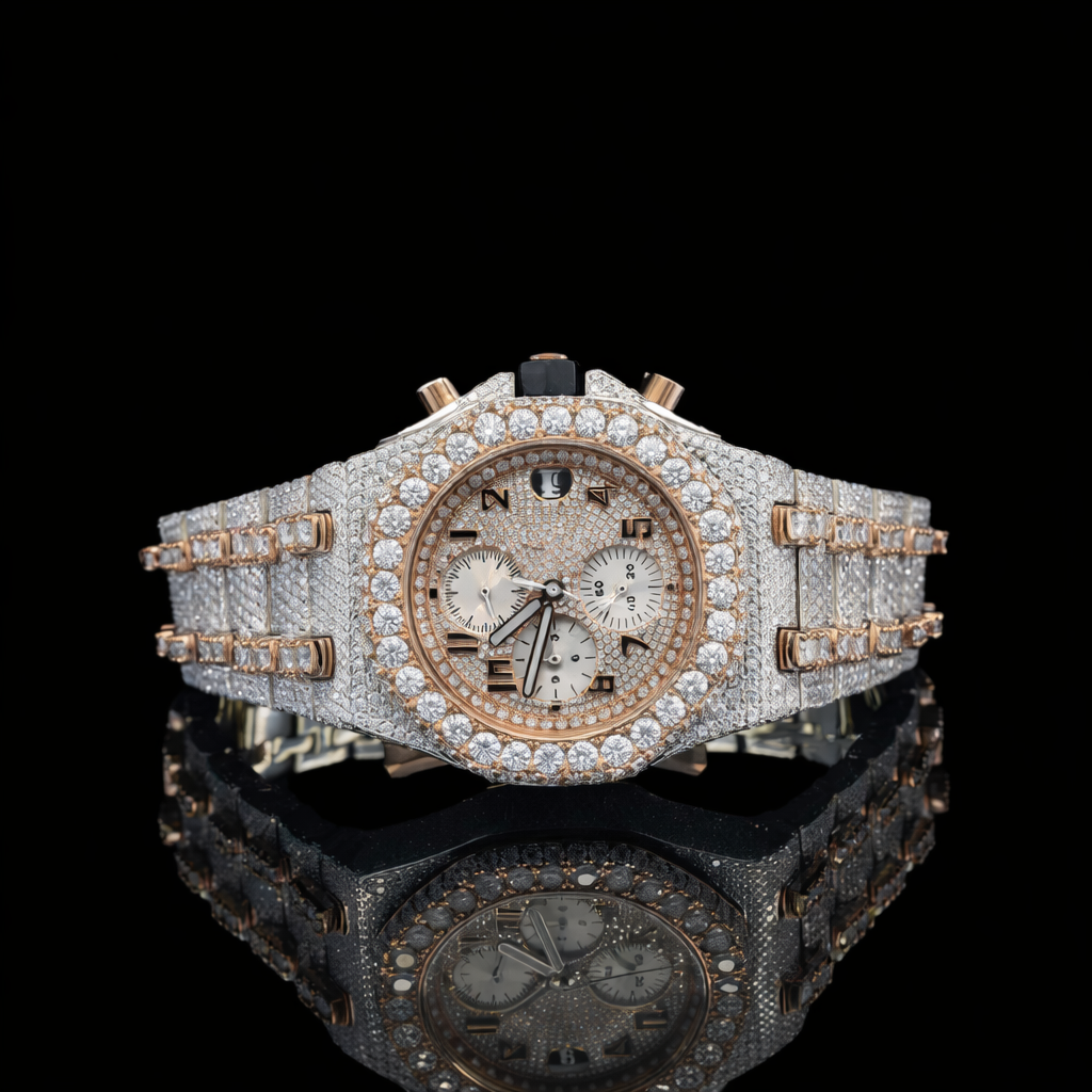 Iced Out Two Tone Rose Gold Chronograph Moissanite Watch AP Inspired