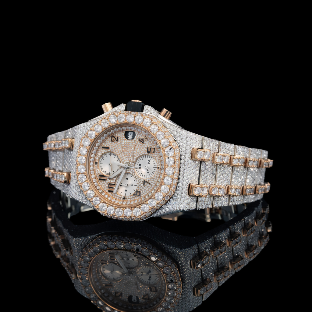 Iced Out Two Tone Rose Gold Chronograph Moissanite Watch AP Inspired