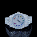 Rainbow Arabic Numerals White Dial Diamond Link Strap Moissanite Watch Rollie Inspired