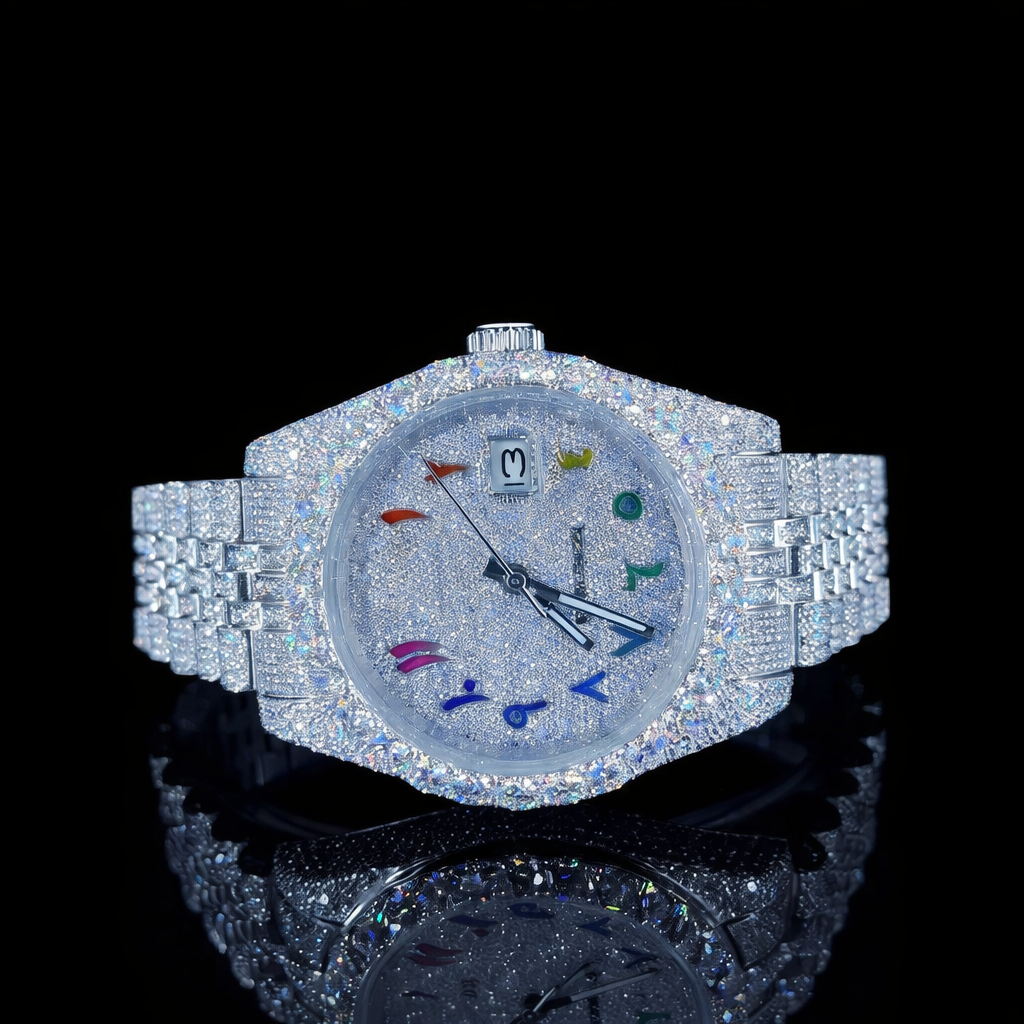 Rainbow Arabic Numerals White Dial Diamond Link Strap Moissanite Watch Rollie Inspired