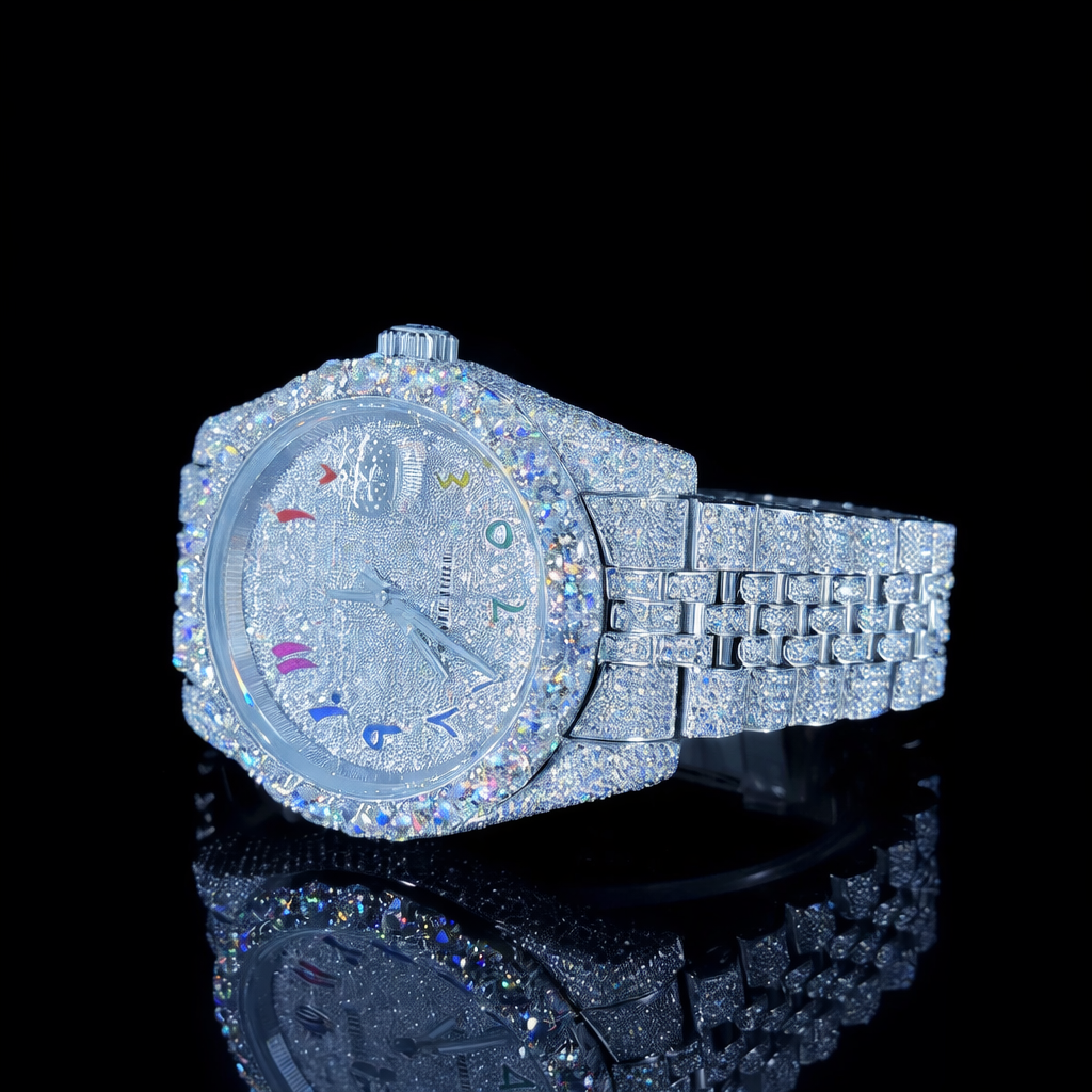 Rainbow Arabic Numerals White Dial Diamond Link Strap Moissanite Watch Rollie Inspired