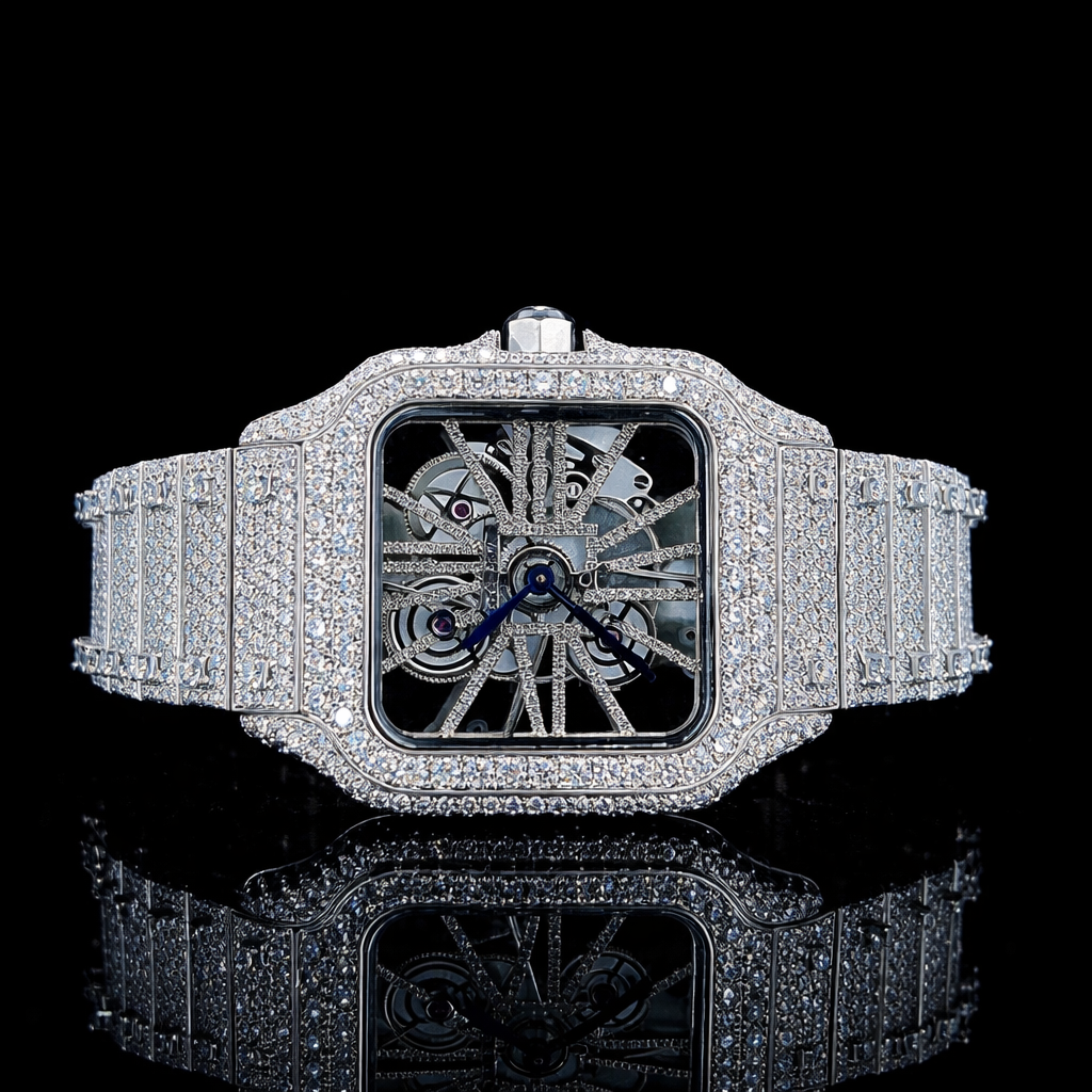 Iced Out Silver Skeleton Luxury Moissanite Watch Carti Inspired
