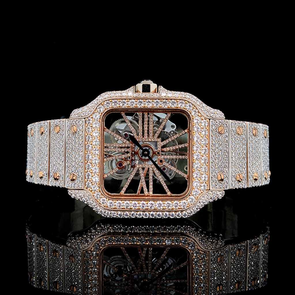 Iced Out Two Tone Rose Gold Skeleton Luxury Moissanite Watch Carti Inspired