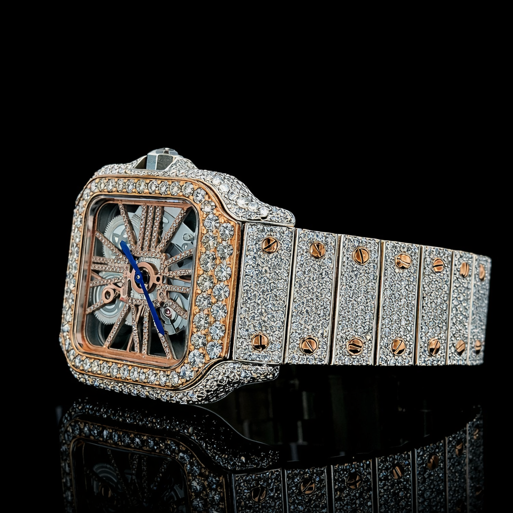 Iced Out Two Tone Rose Gold Skeleton Luxury Moissanite Watch Carti Inspired