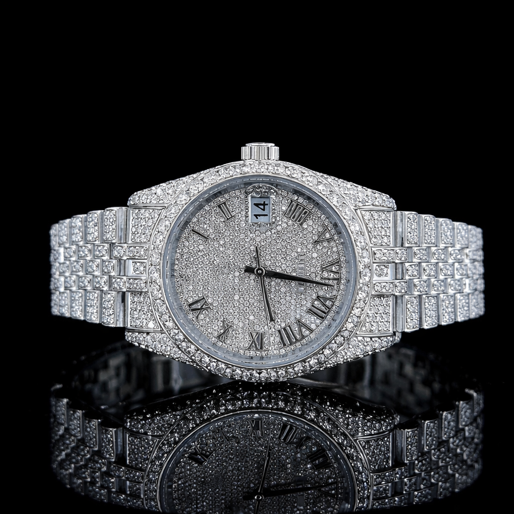 Fully Iced Roman Dial Jubilee Band Moissanite Watch Rollie Inspired