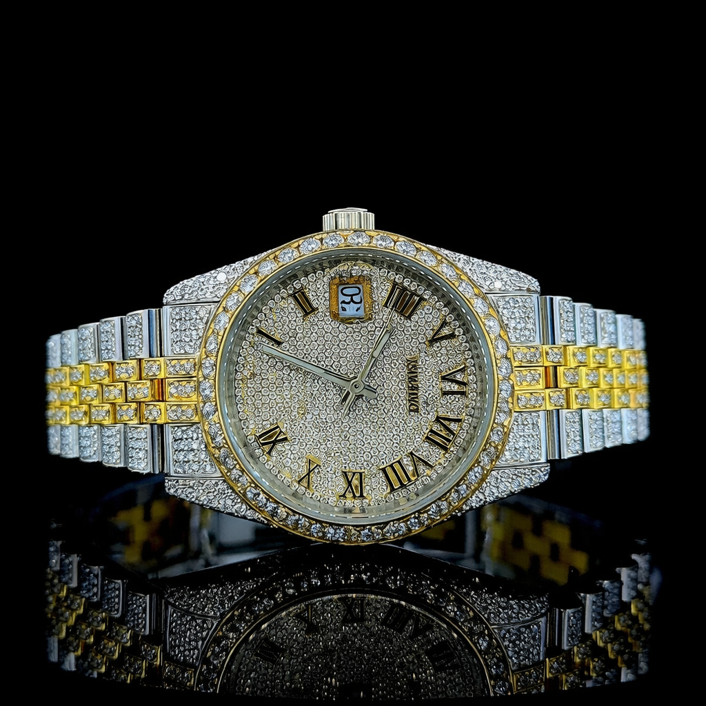 Fully Iced Two Tone Gold Roman Dial Jubilee Band Moissanite Watch Rollie Inspired
