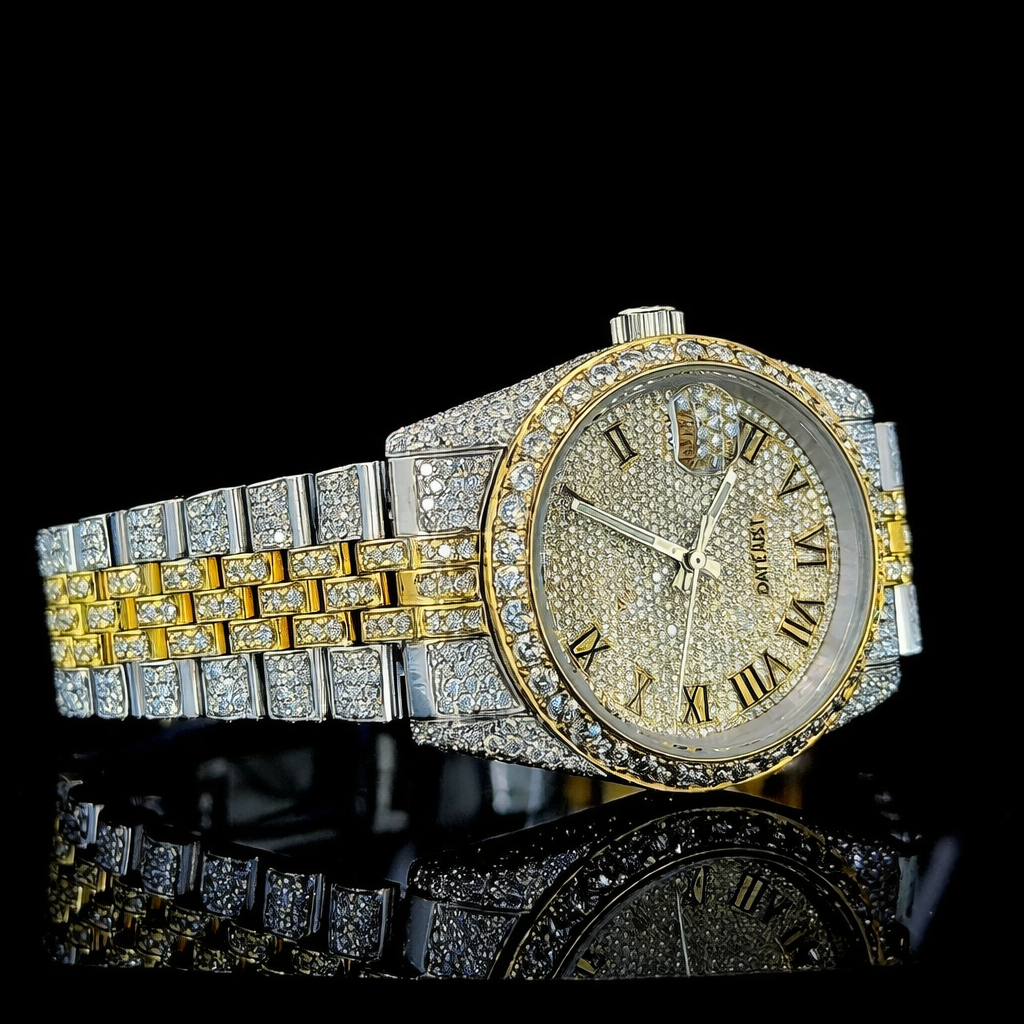 Fully Iced Two Tone Gold Roman Dial Jubilee Band Moissanite Watch Rollie Inspired
