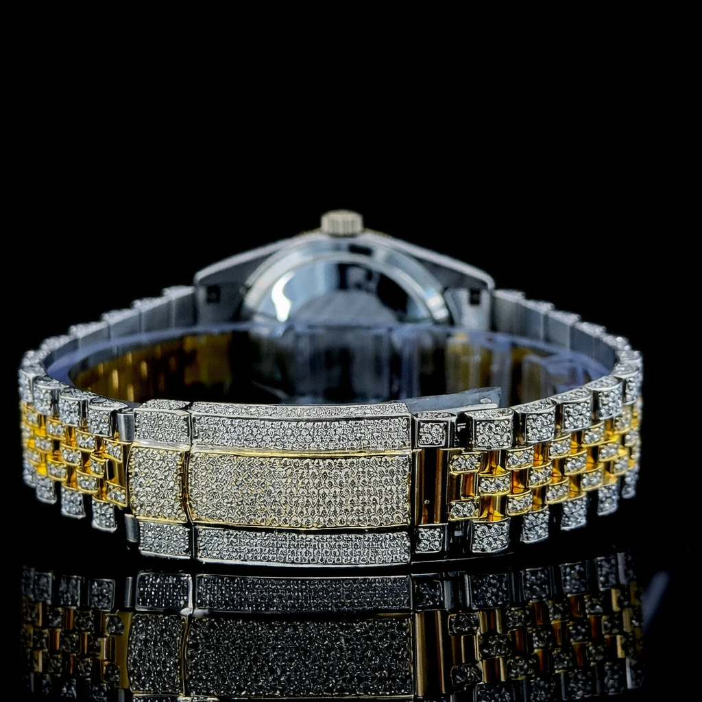 Fully Iced Two Tone Gold Roman Dial Jubilee Band Moissanite Watch Rollie Inspired