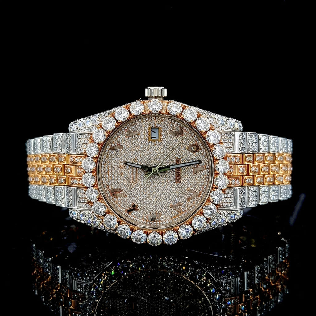 Fully Iced Two Tone Rose Gold Arabic Dial Jubilee Band Moissanite Watch Rollie Inspired