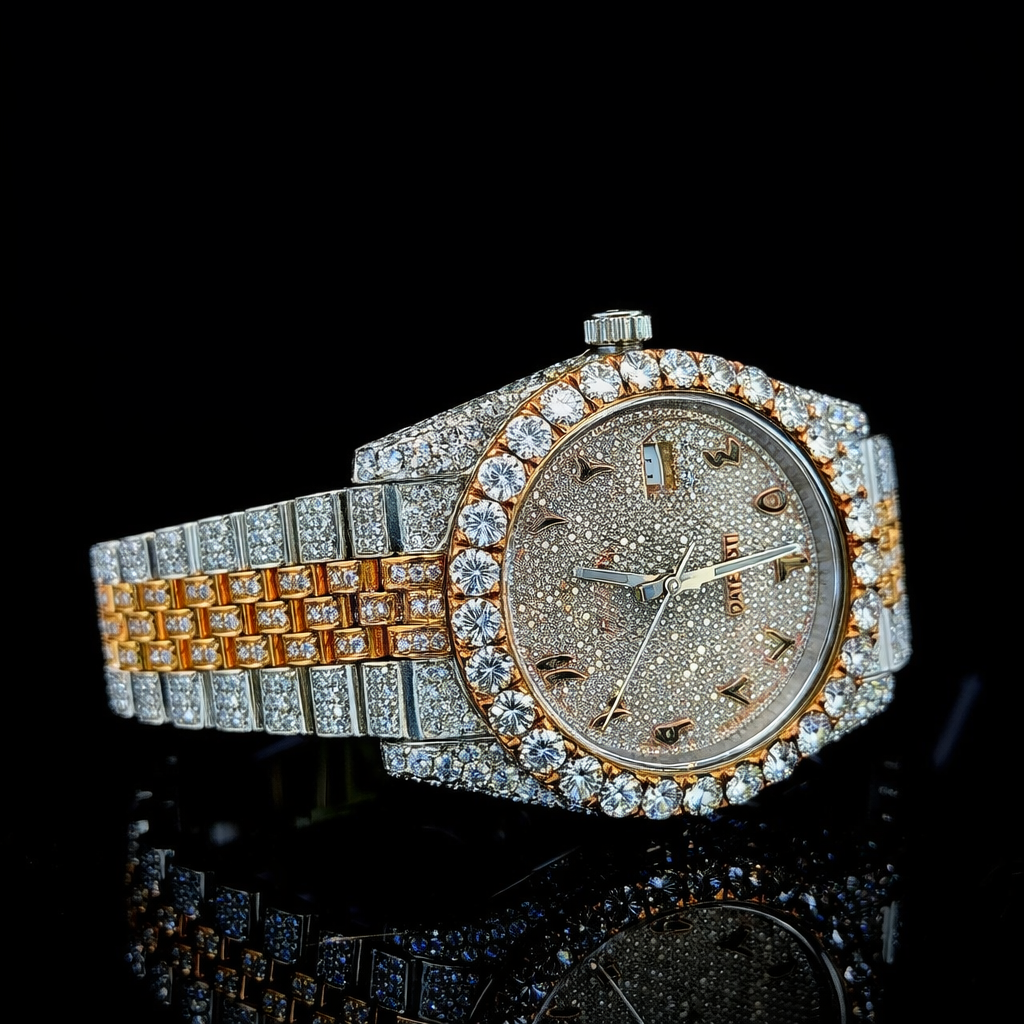 Fully Iced Two Tone Rose Gold Arabic Dial Jubilee Band Moissanite Watch Rollie Inspired