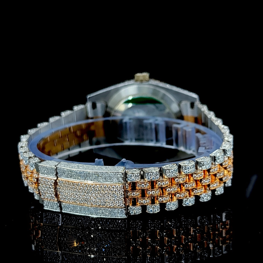Fully Iced Two Tone Rose Gold Arabic Dial Jubilee Band Moissanite Watch Rollie Inspired