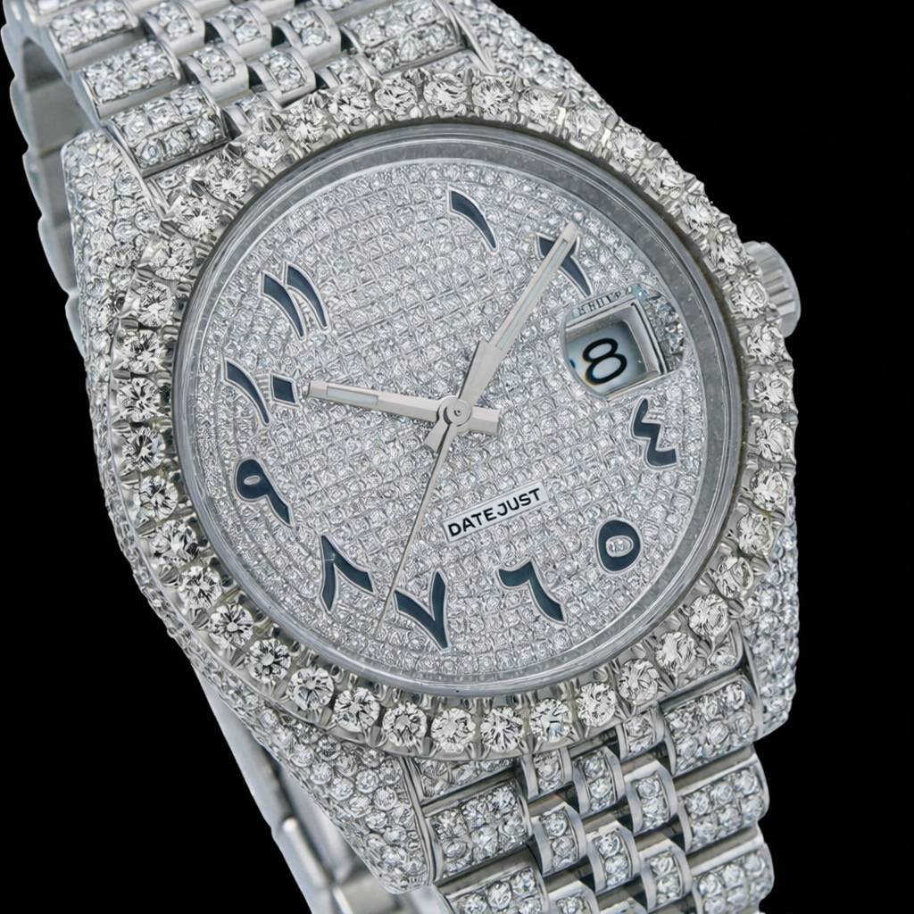 Fully Iced Silver Arabic Dial Jubilee Band Moissanite Watch Rollie Inspired