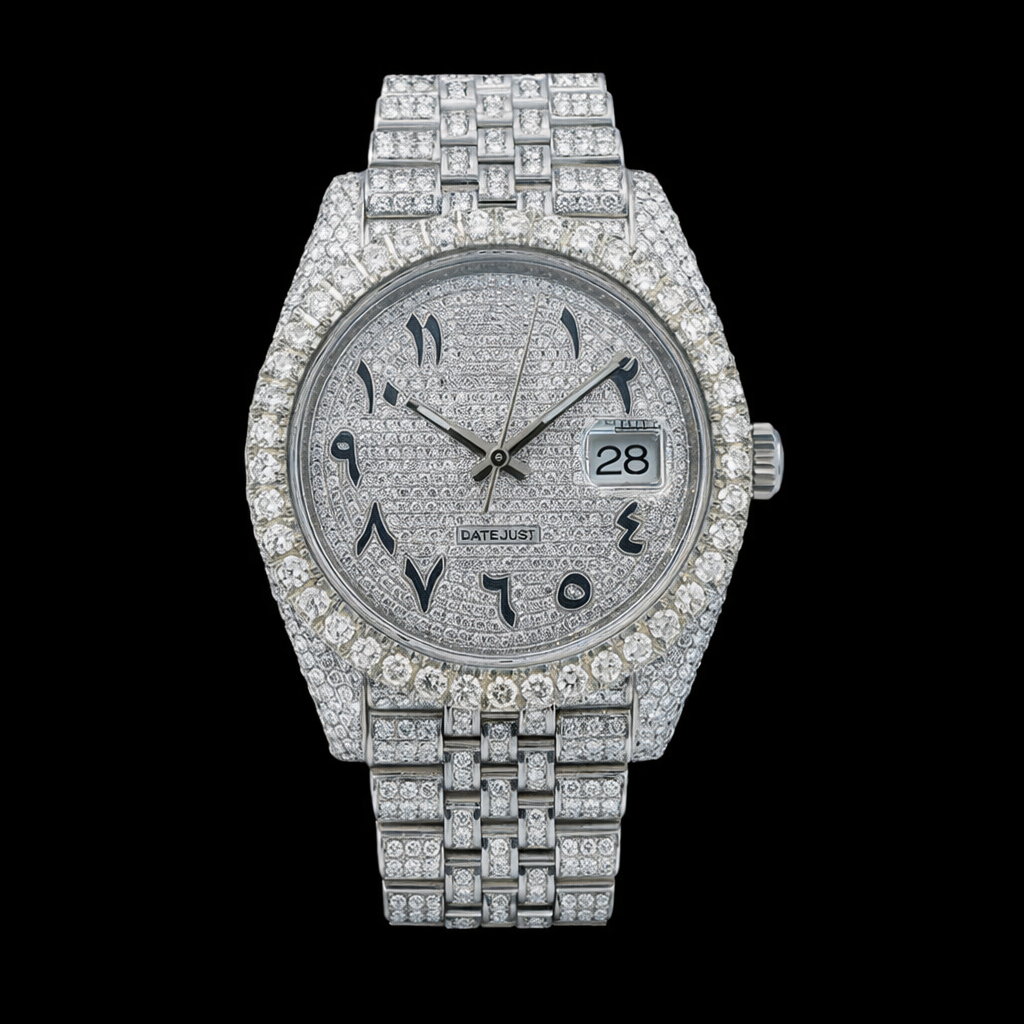Fully Iced Silver Arabic Dial Jubilee Band Moissanite Watch Rollie Inspired