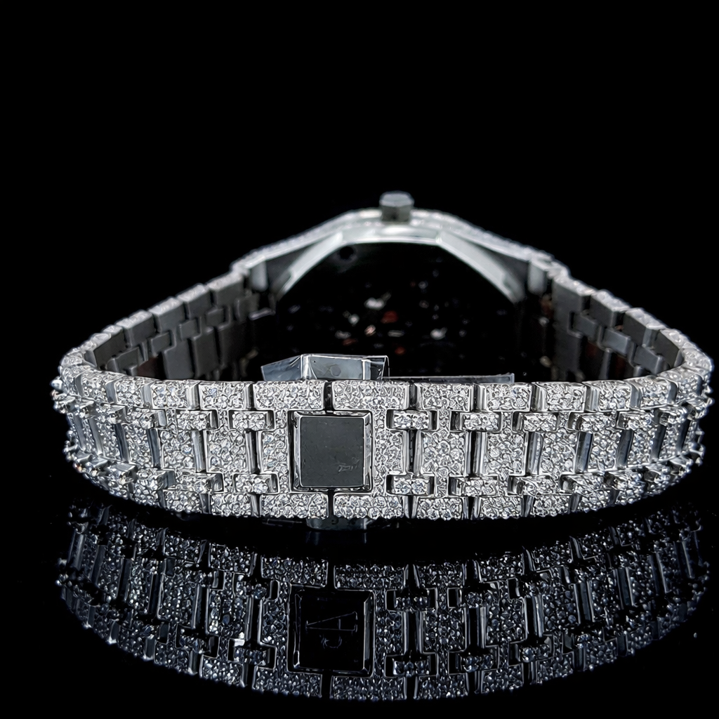White Dial Black Arabic Numerals Fully Iced Out Moissanite Diamond Watch AP Inspired