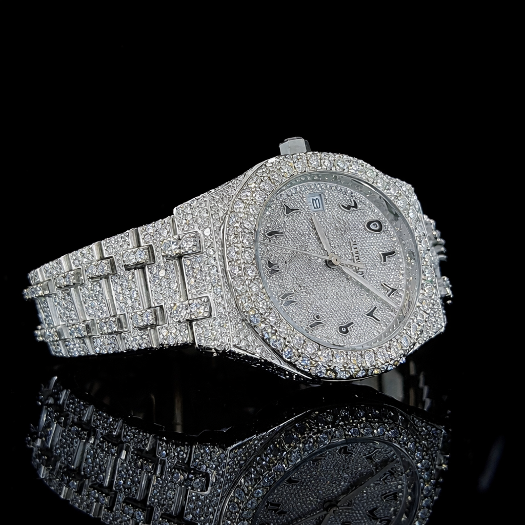 White Dial Black Arabic Numerals Fully Iced Out Moissanite Diamond Watch AP Inspired