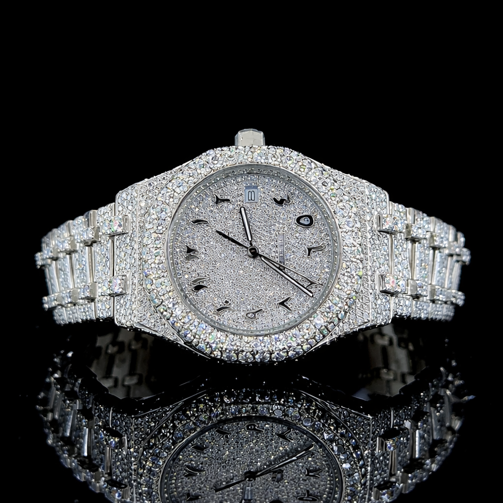 White Dial Black Arabic Numerals Fully Iced Out Moissanite Diamond Watch AP Inspired