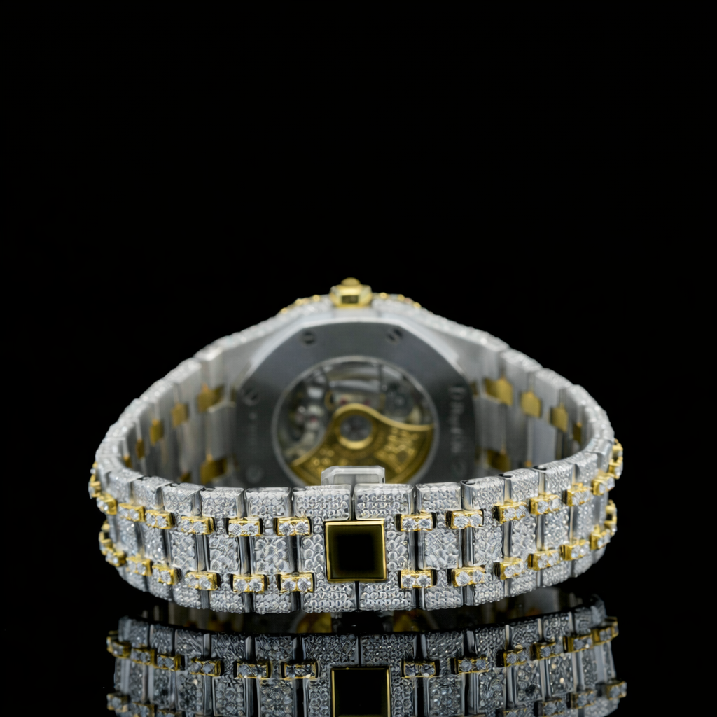 Two Tone Yellow Dial Arabic Numerals Iced Out Moissanite Diamond Watch AP Inspired