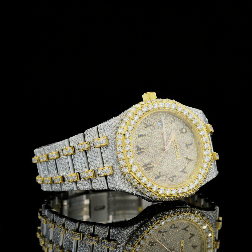 Two Tone Yellow Dial Arabic Numerals Iced Out Moissanite Diamond Watch AP Inspired