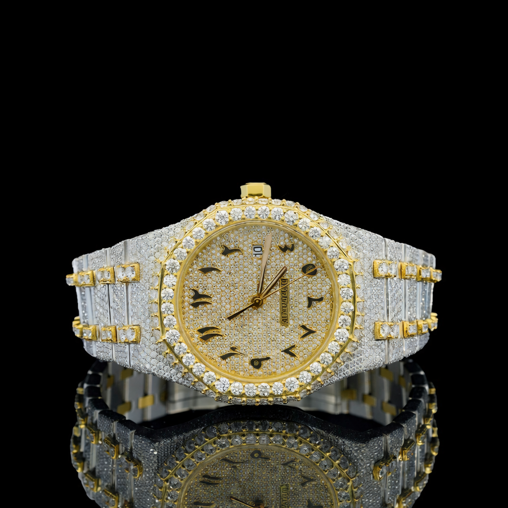 Two Tone Yellow Dial Arabic Numerals Iced Out Moissanite Diamond Watch AP Inspired