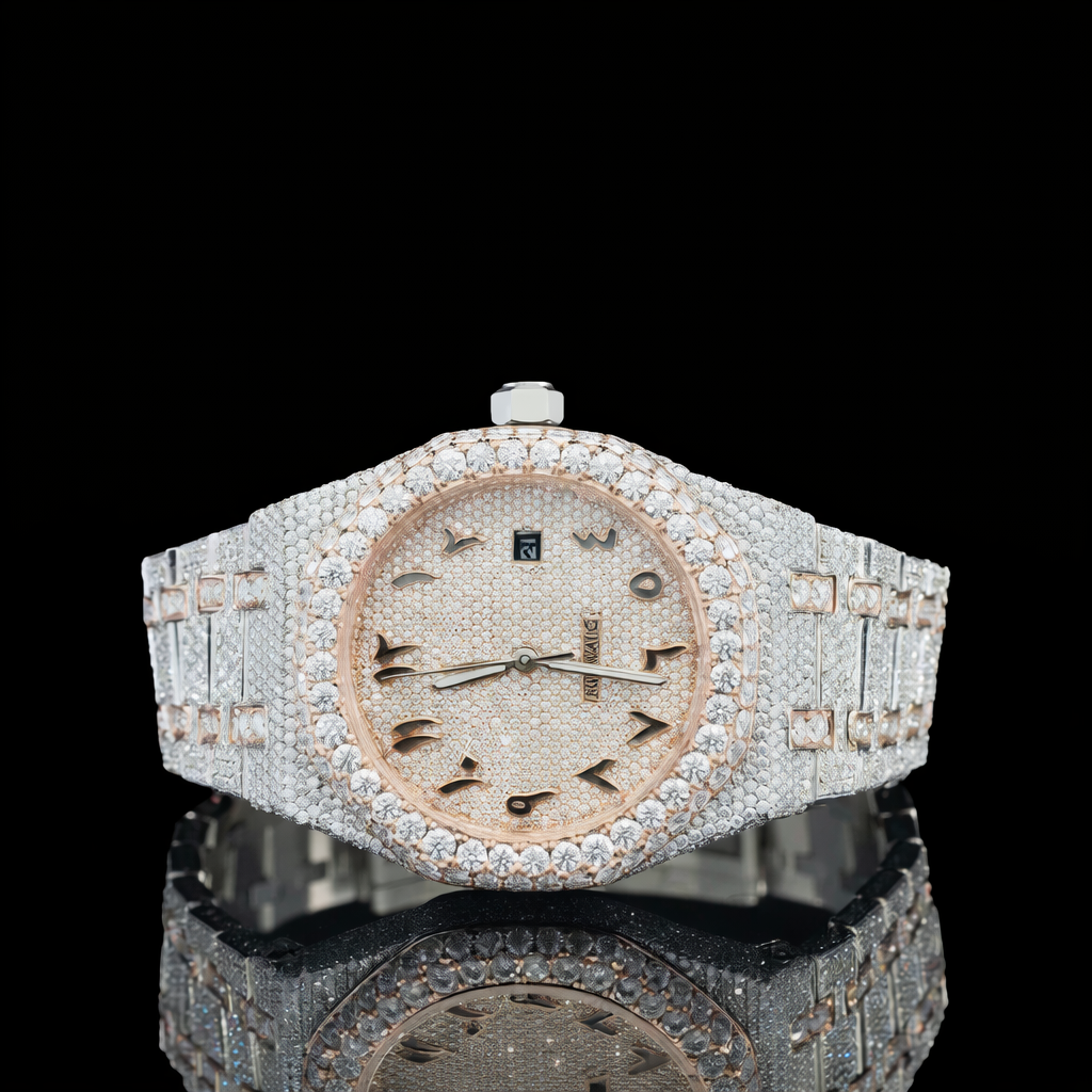 Two Tone Rose Gold Arabic Dial Iced Out Moissanite Diamond Watch AP Inspired