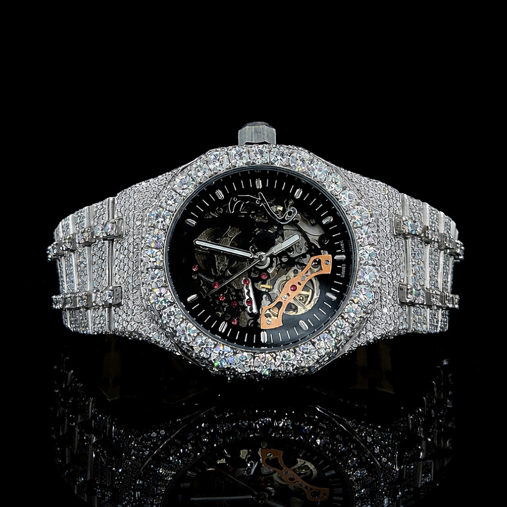 Black Skeleton Dial Silver Moissanite Watch AP Inspired