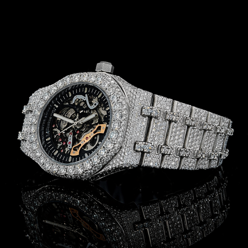 Black Skeleton Dial Silver Moissanite Watch AP Inspired