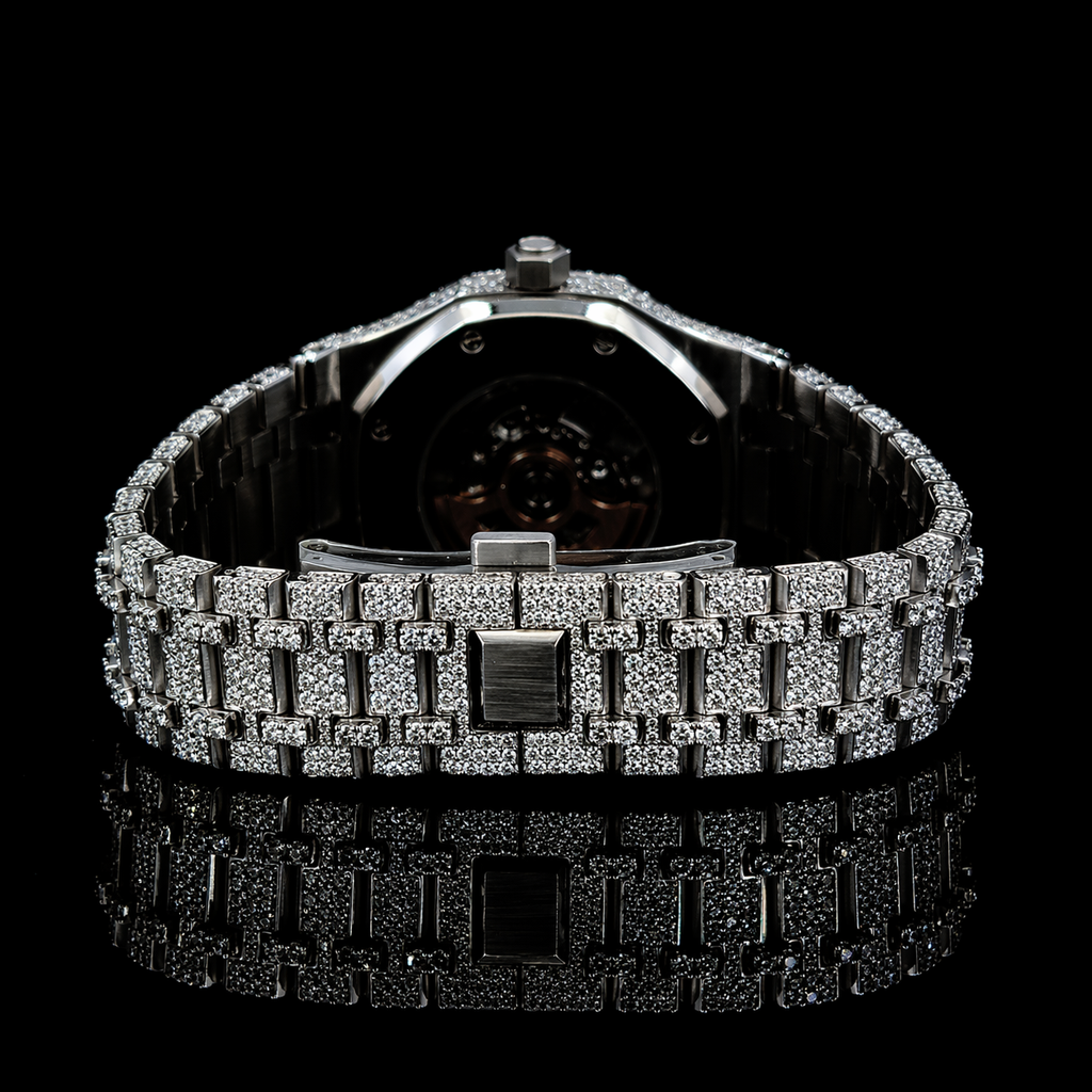 Black Skeleton Dial Silver Moissanite Watch AP Inspired